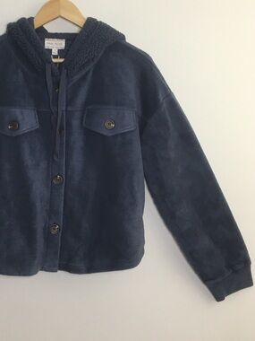 Pink Rose | Slate Gray Blue Hooded Plush Cropped Sweater Jacket